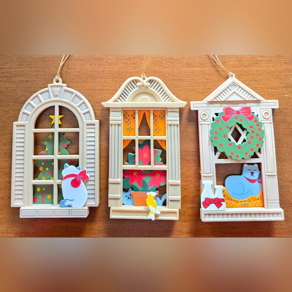 Vintage 80s Peek A Boo Window Cat Kitten Lover 3D Ornaments Christmas Whimsy